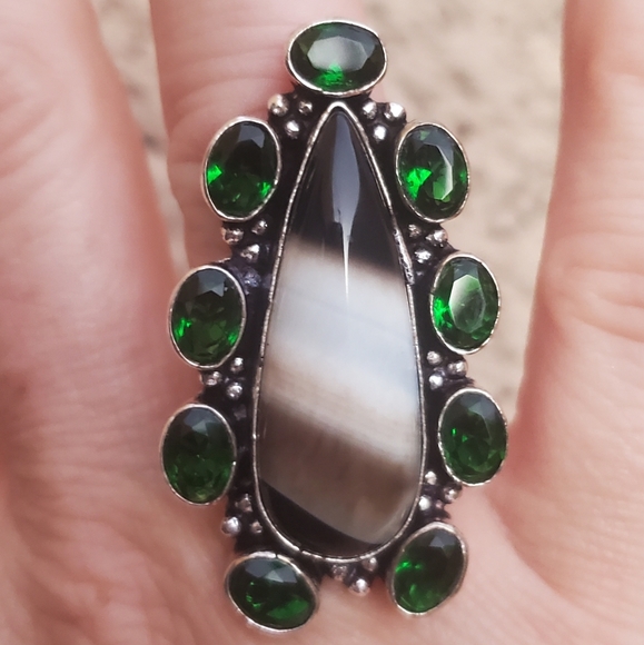New Oversized Banded Agate & Peridot 925 Silver Statement Ring. - Picture 12 of 14